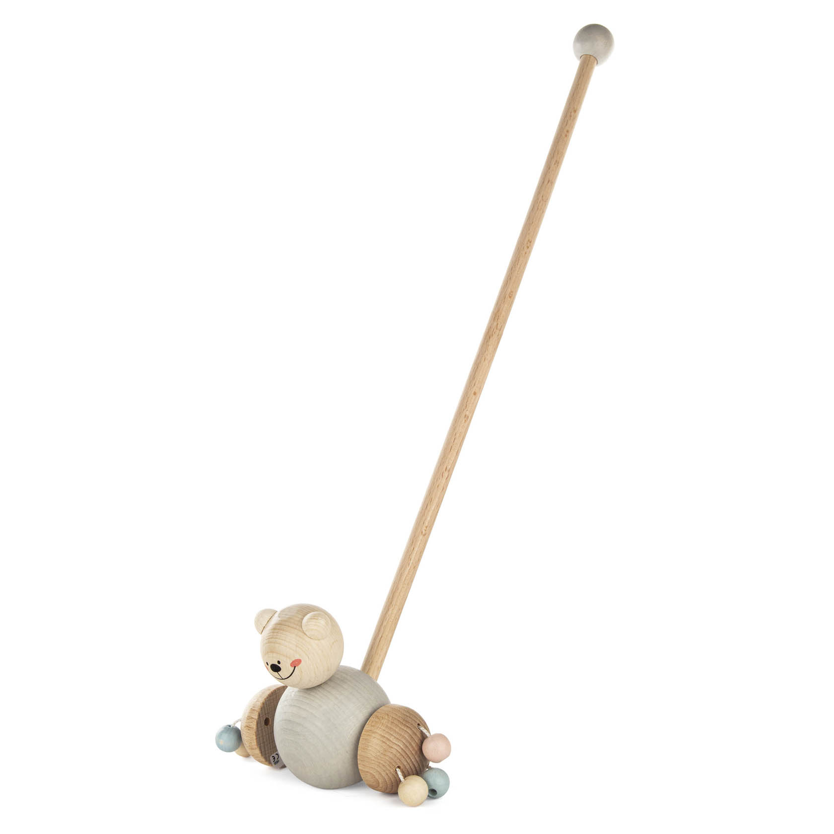 Holzspielzeug in Form eines Bären mit einem langen Stiel zum Schieben. Der Bär hat einen runden Körper und bunte Holzkugeln an den Seiten. im Dregeno Online Shop günstig kaufen
