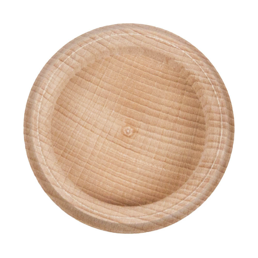 Flache Holztülle mit zentralem Dübel, geeignet für 14mm Kerzeneinsätze. Die Oberfläche zeigt eine natürliche Holzmaserung.