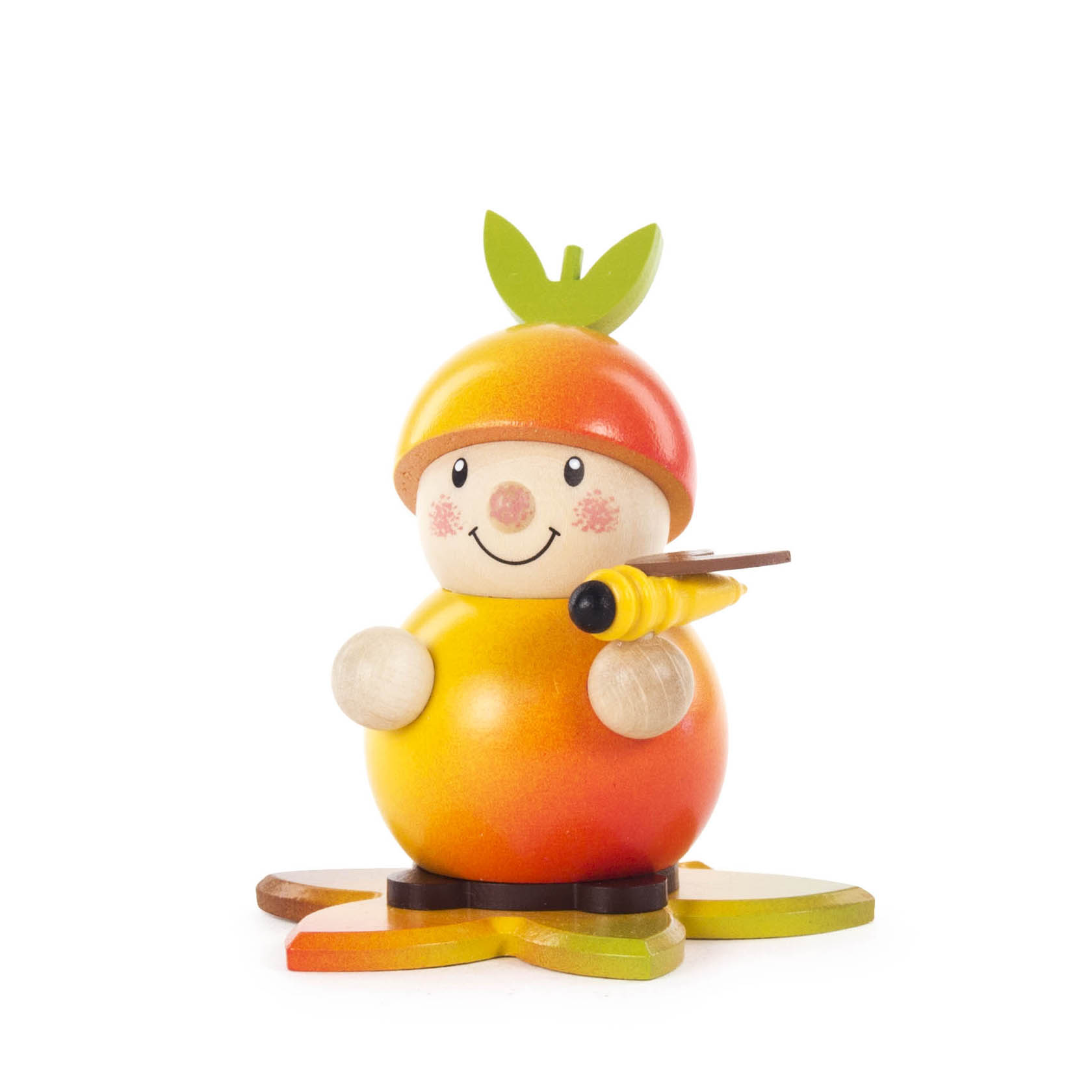 Holzfigur Apfelmännchen mit rotem, gelbem Apfelkörper, grüner Blattmütze, lächelndem Gesicht und kleiner Holz-Biene an der Seite. im Dregeno Online Shop günstig kaufen