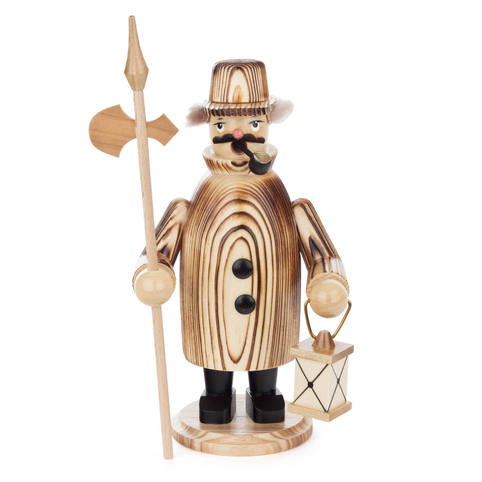 Holzfigur eines Nachtwächters mit Pfeife, Laterne und Hellebarde, in gesandeltem Look mit braunen Akzenten.