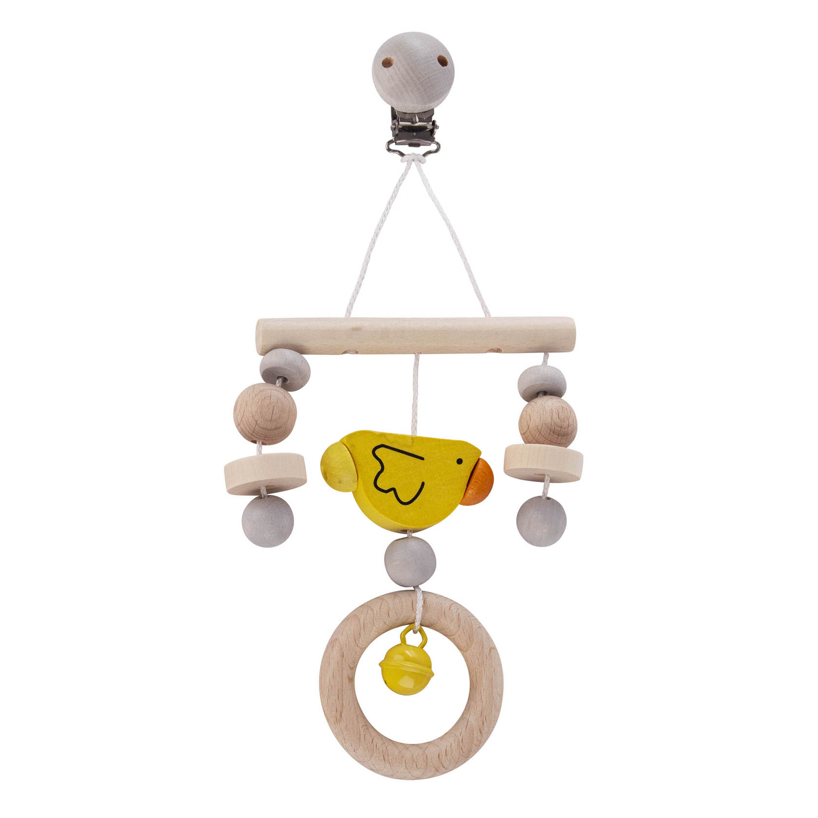 Holzspielzeug für Babys mit einer gelben Ente in der Mitte, umgeben von Holzperlen an einem hängenden Trapez mit einer Glocke darunter. im Dregeno Online Shop günstig kaufen