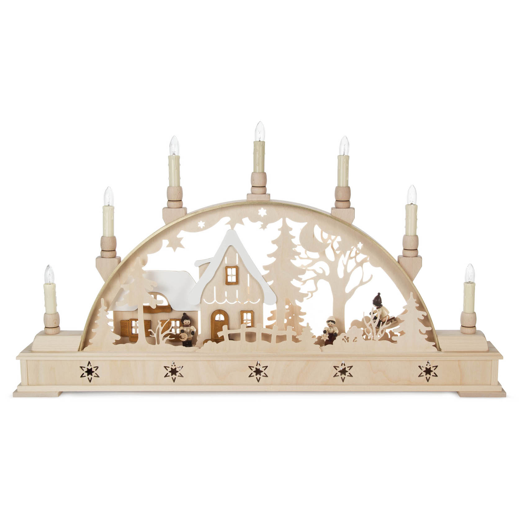Ein Schwibbogen aus Holz mit geschnitzten Laternenkindern und einem Haus, elektrisch beleuchtet mit Kerzenlichtern. im Dregeno Online Shop günstig kaufen