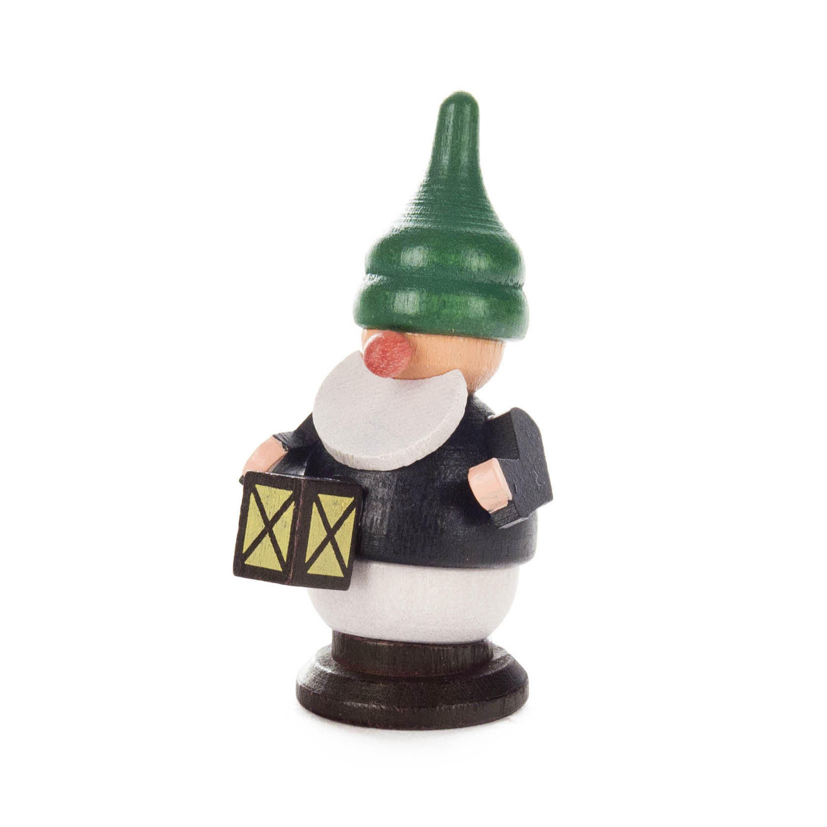 Holzfigur eines Bergwerkszwerges mit grünem Hut und einer Laterne in der Hand. im Dregeno Online Shop günstig kaufen