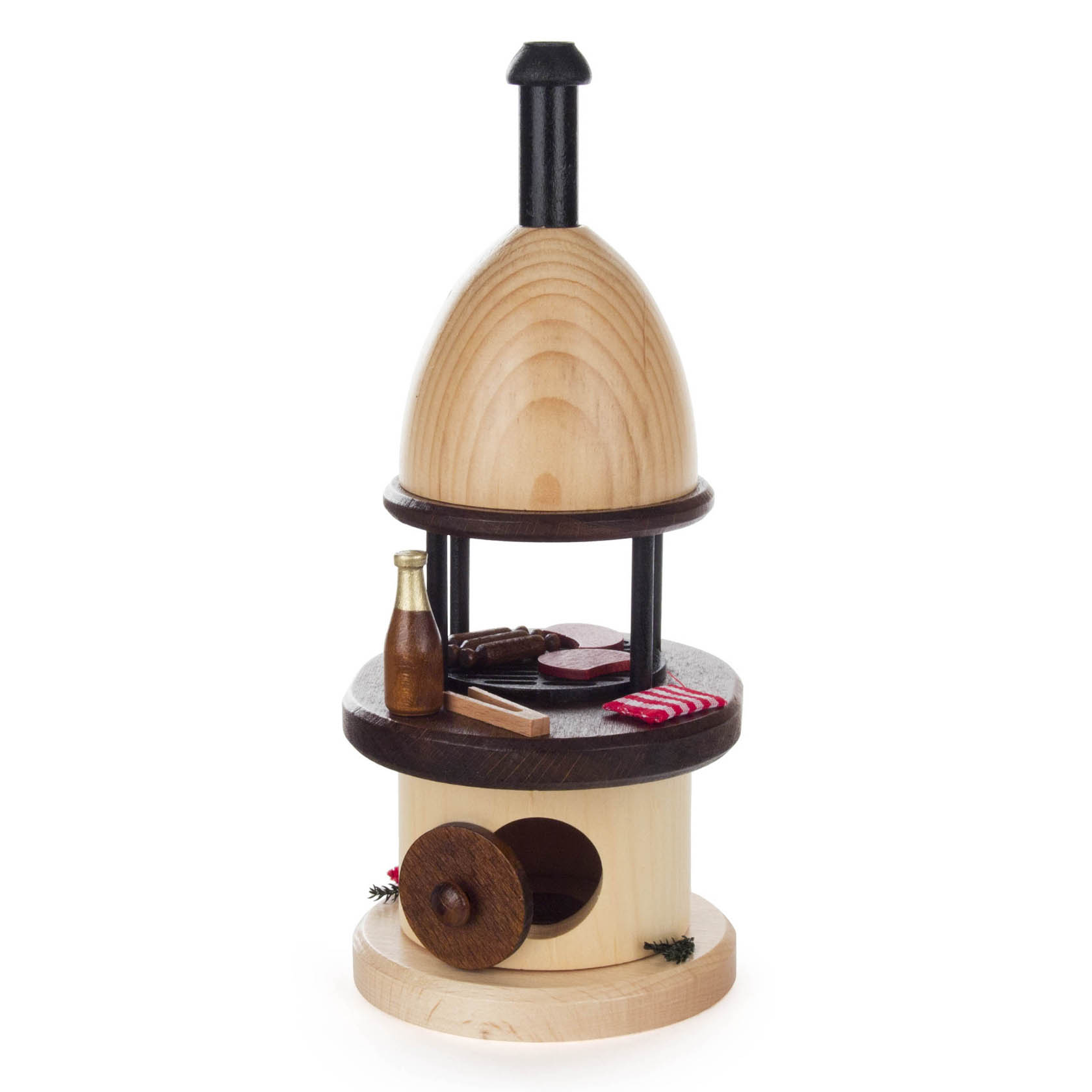 Holz-Räucherfigur in Form eines Grillofens mit einer Holzflasche, Grillzange und zwei Scheiben Fleisch darauf. im Dregeno Online Shop günstig kaufen