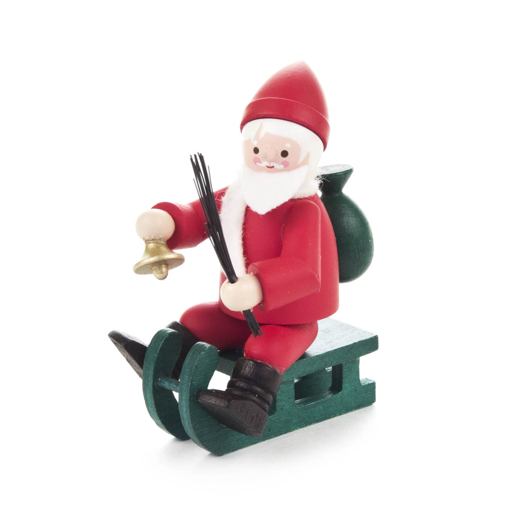 Farbig gestaltete Nikolausfigur in rotem Anzug auf einem grünen Schlitten sitzend. Er hält eine Glocke und einen Reisigbesen, mit einem Geschenkesack auf dem Rücken. im Dregeno Online Shop günstig kaufen