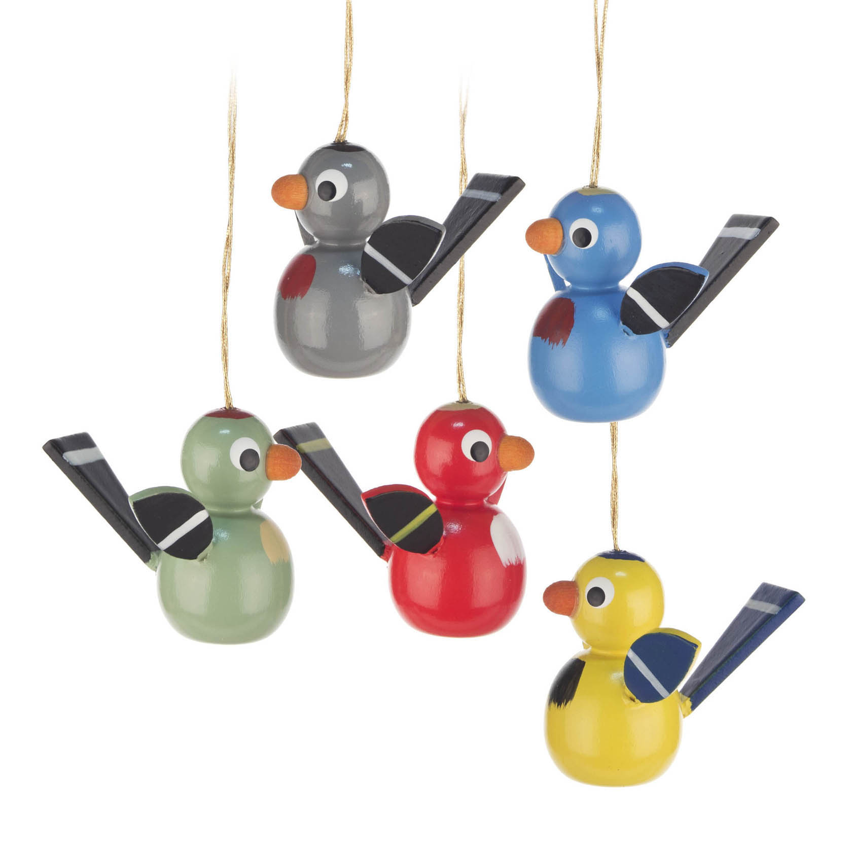 Fünf bunte Holzvögel in Grau, Blau, Rot, Grün und Gelb mit schwarzen Flügeln und Schnüren zum Aufhängen.