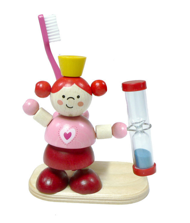 Holzfigur einer Prinzessin mit Zahnbürste und Sanduhr als Zahnputzuhr, rosa-rot gekleidet, mit Herz auf dem Kleid. im Dregeno Online Shop günstig kaufen