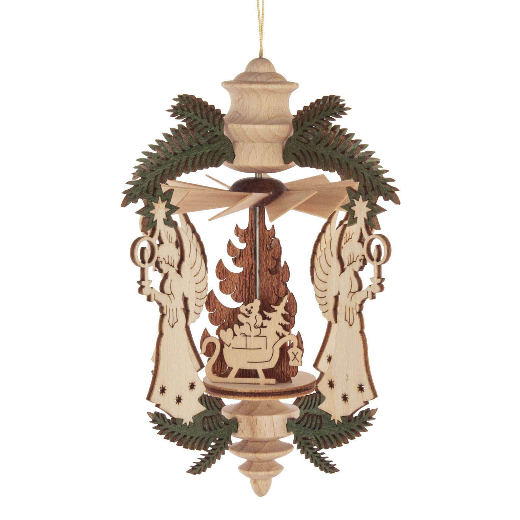 Holz-Wärmespiel mit einem Engel und einem Weihnachtsmann. Beide Figuren sind kunstvoll geschnitzt und von grünen Zweigen umgeben, zum Aufhängen. im Dregeno Online Shop günstig kaufen
