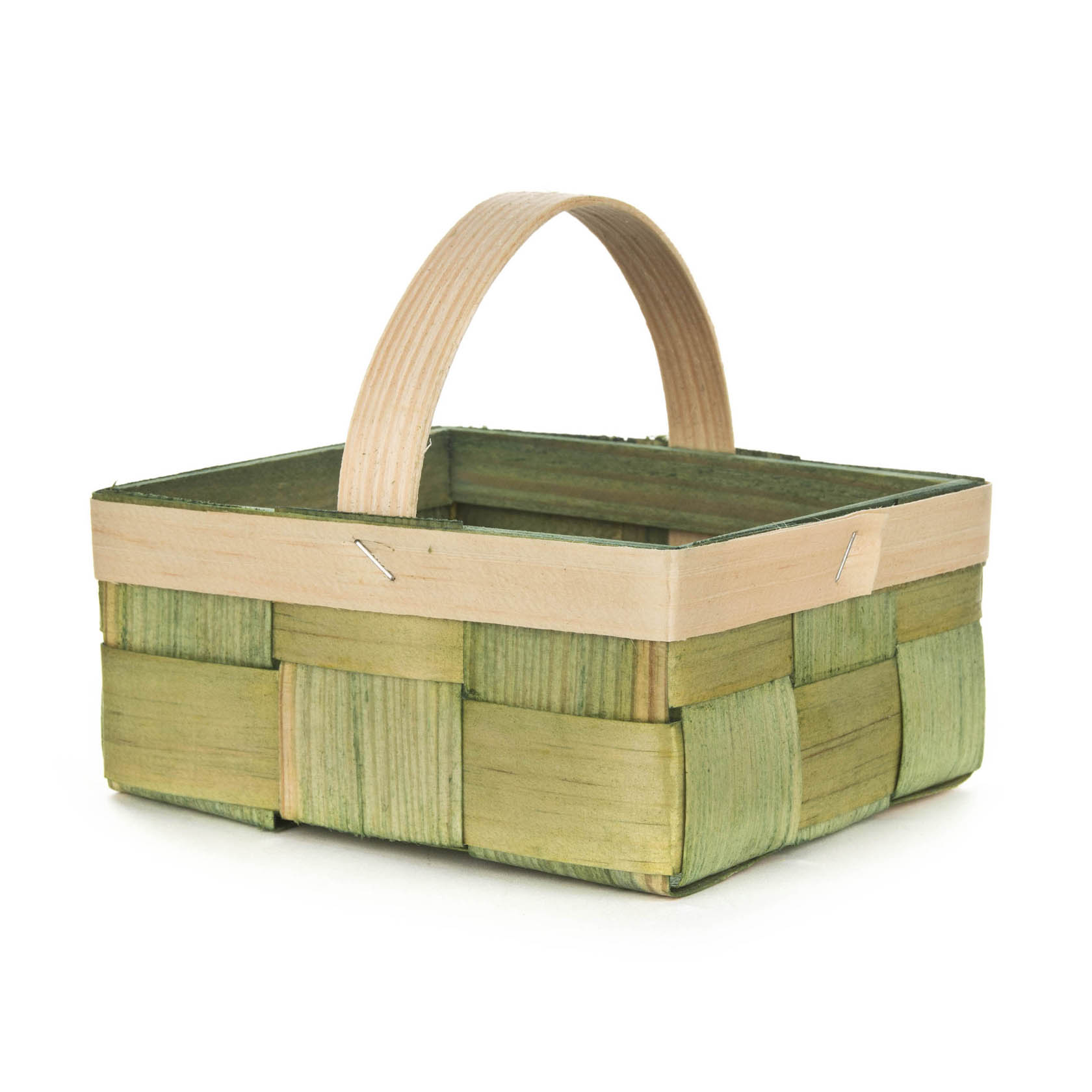 Ein quadratischer Spankorb in grüner Farbe mit einem stabilen Holzhenkel, ideal zum Transportieren kleinerer Gegenstände. im Dregeno Online Shop günstig kaufen