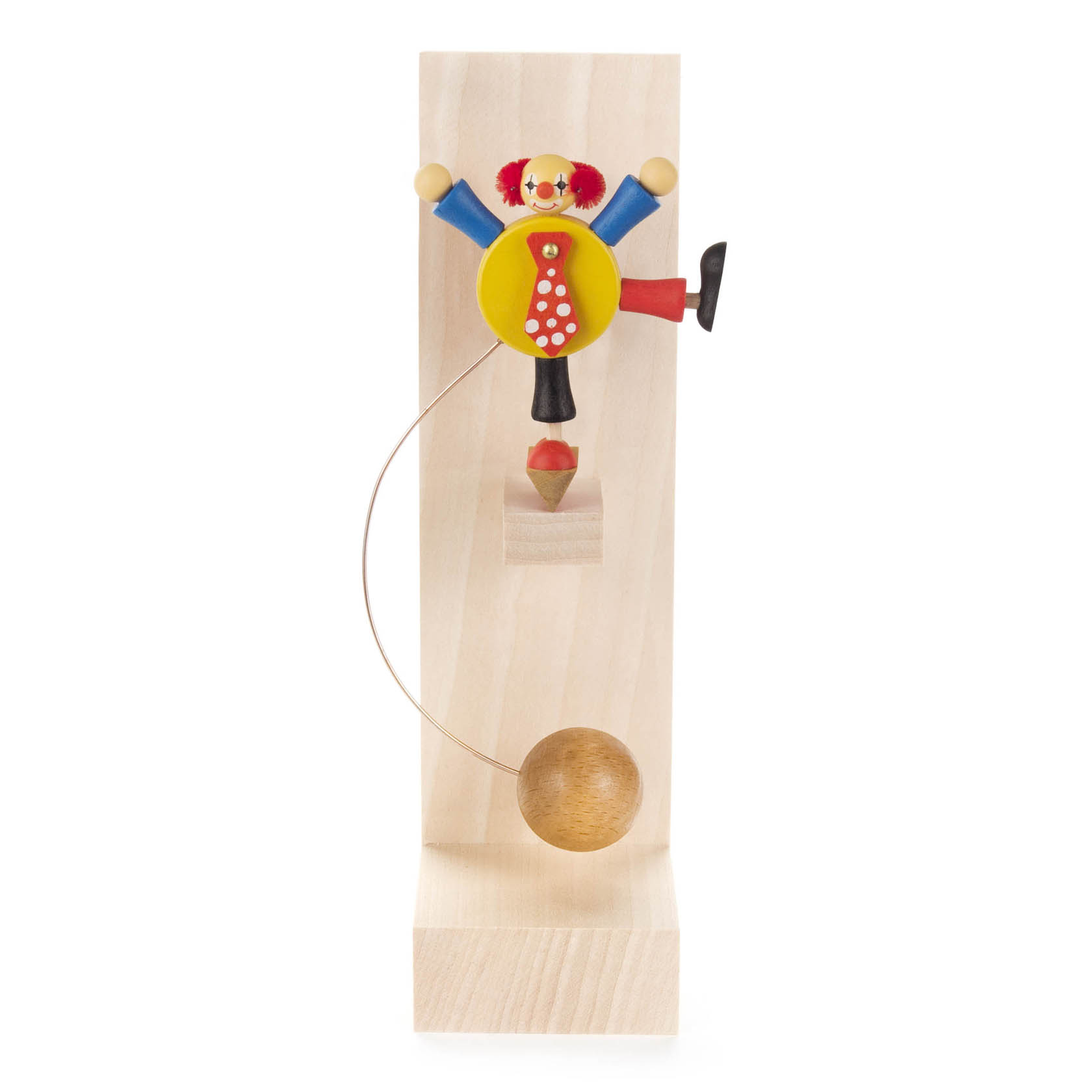 Holzschaukelfigur Clown mit gelbem Körper, auf einer hohen Holzplattform befestigt, mit rotem Haar und schwarzem Hut. im Dregeno Online Shop günstig kaufen
