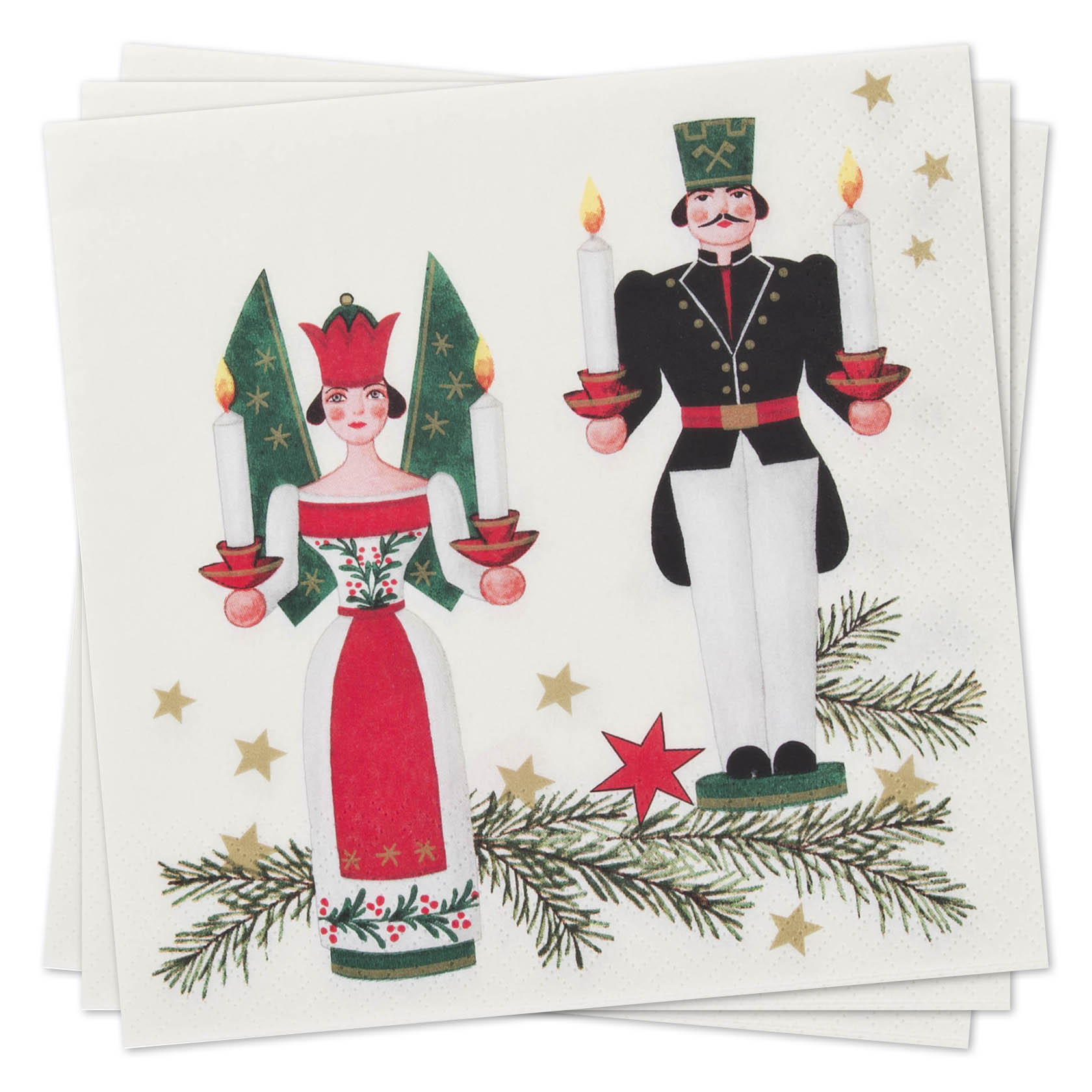 Zwei Servietten mit der Abbildung von traditionellem Erzgebirgsengel und Bergmann in festlicher Tracht, beide halten Kerzen, umgeben von Tannenzweigen und Sternen. im Dregeno Online Shop günstig kaufen