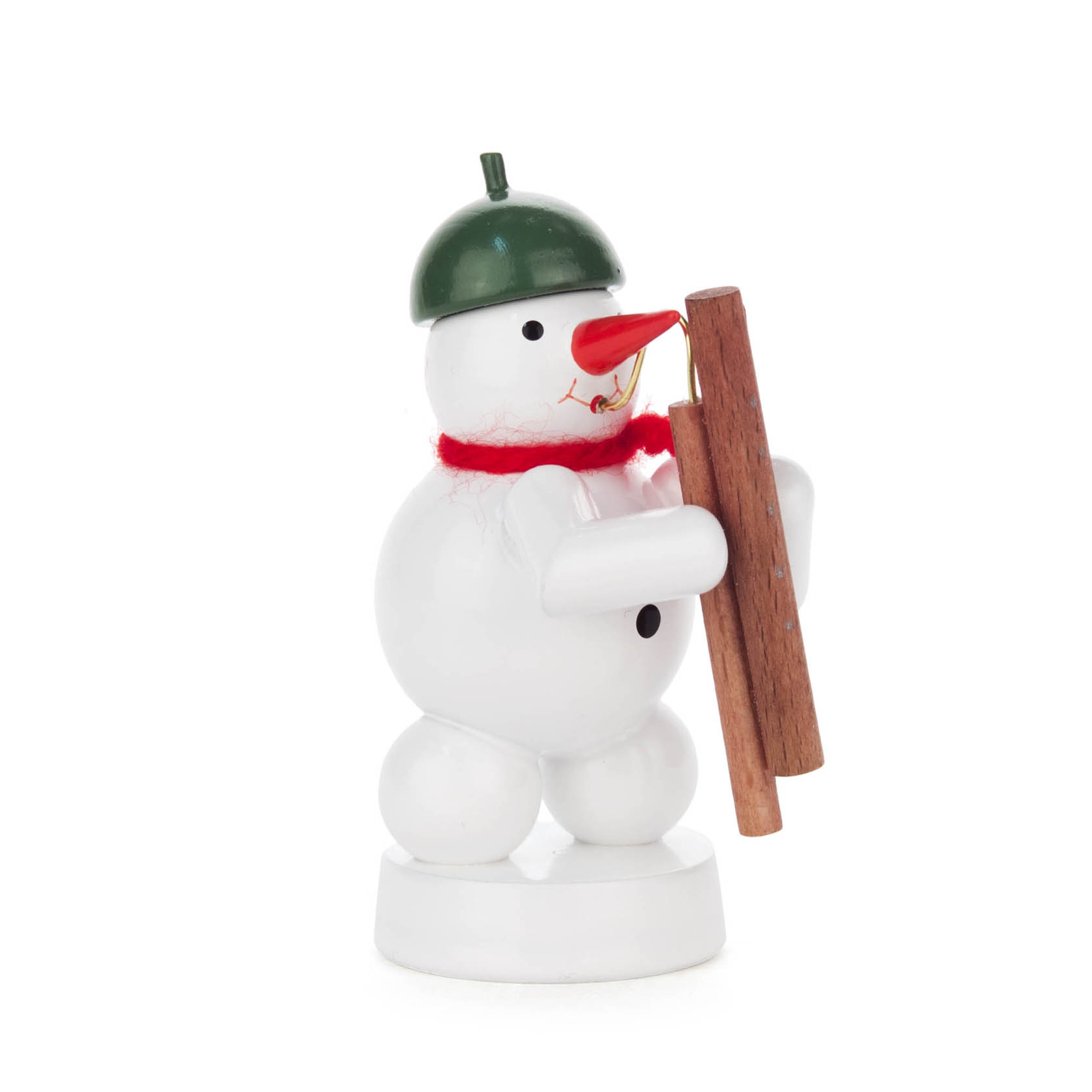 Kleiner, bunter Schneemann mit rotem Schal und grünem Hut, der ein Fagott aus Holz hält. im Dregeno Online Shop günstig kaufen