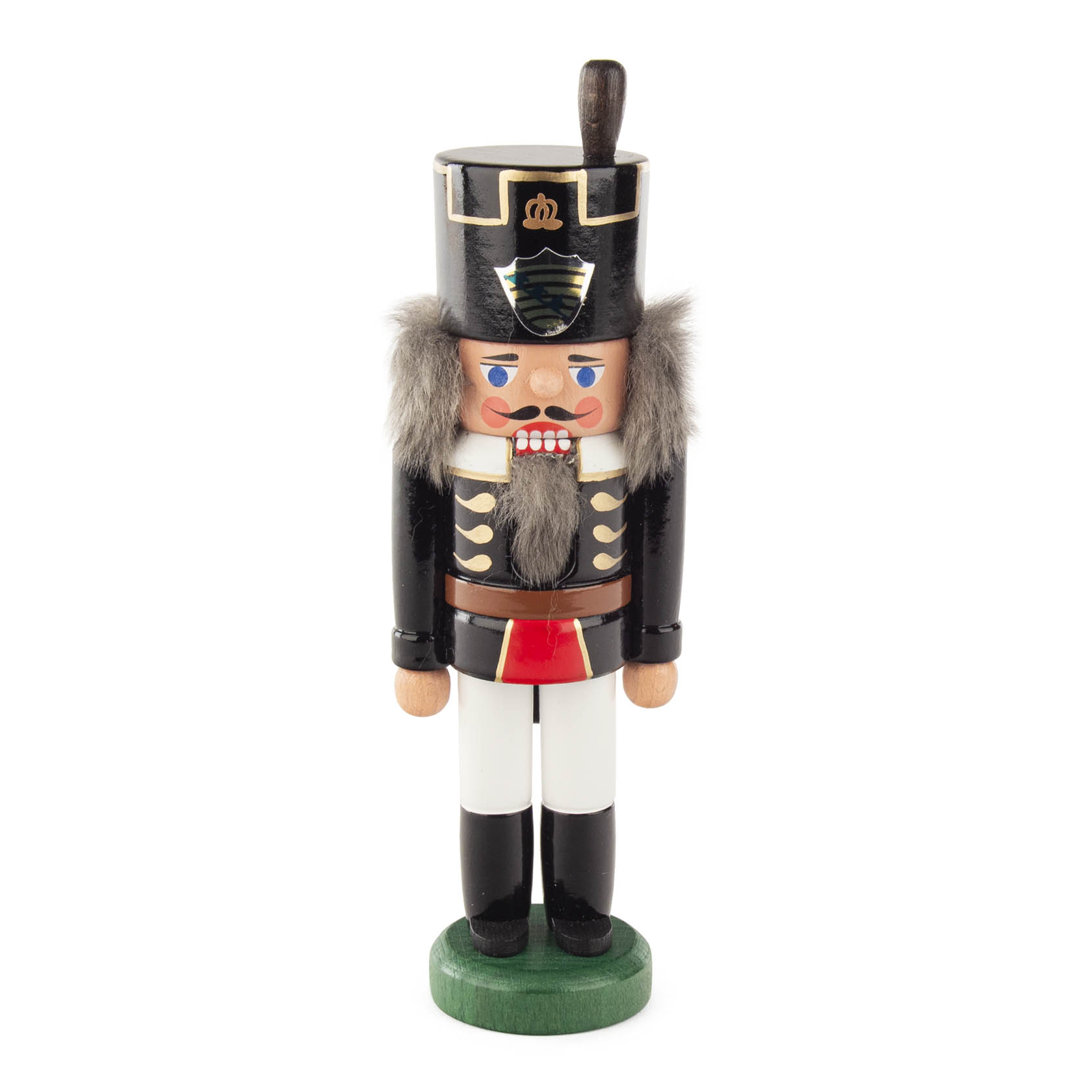 Black and white nutcracker depicting a miner, standing 15 cm tall. The nutcracker has a black hat, detailed uniform, and a large mustache. im Dregeno Online Shop günstig kaufen
