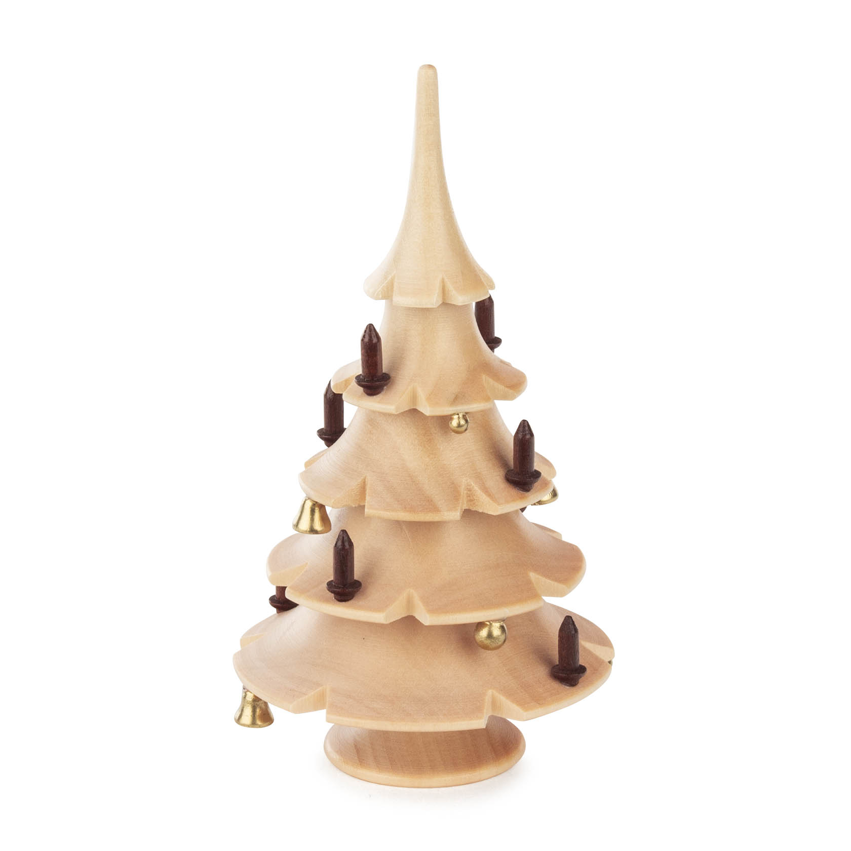 Holz-Weihnachtsbaum mit geschwungenen, flachen Ästen. Mit kleinen goldenen Glocken und dunkelbraunen Kerzen verziert. im Dregeno Online Shop günstig kaufen