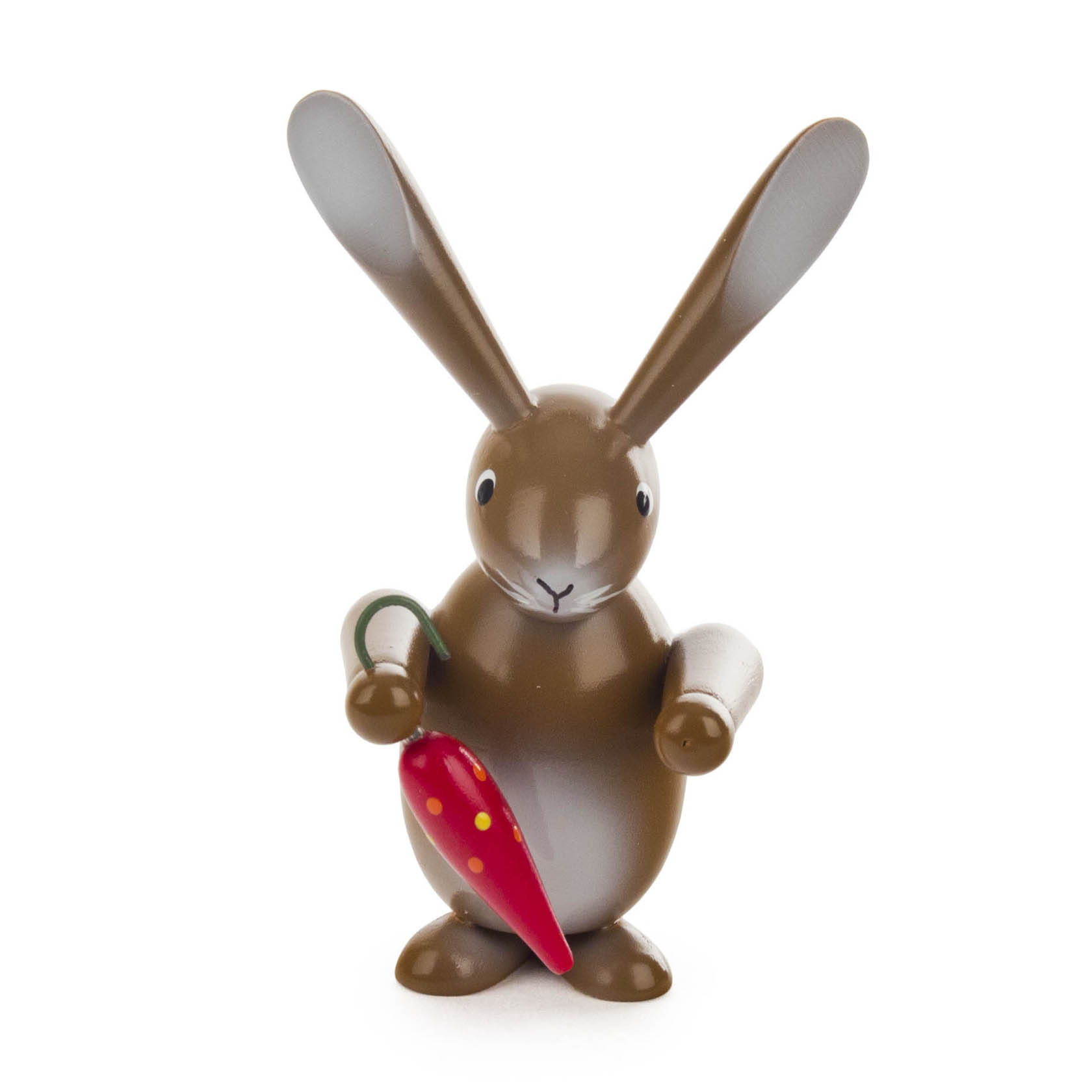 Brauner Hase aus Keramik mit großen Ohren, der einen kleinen roten Schirm in der rechten Hand hält.