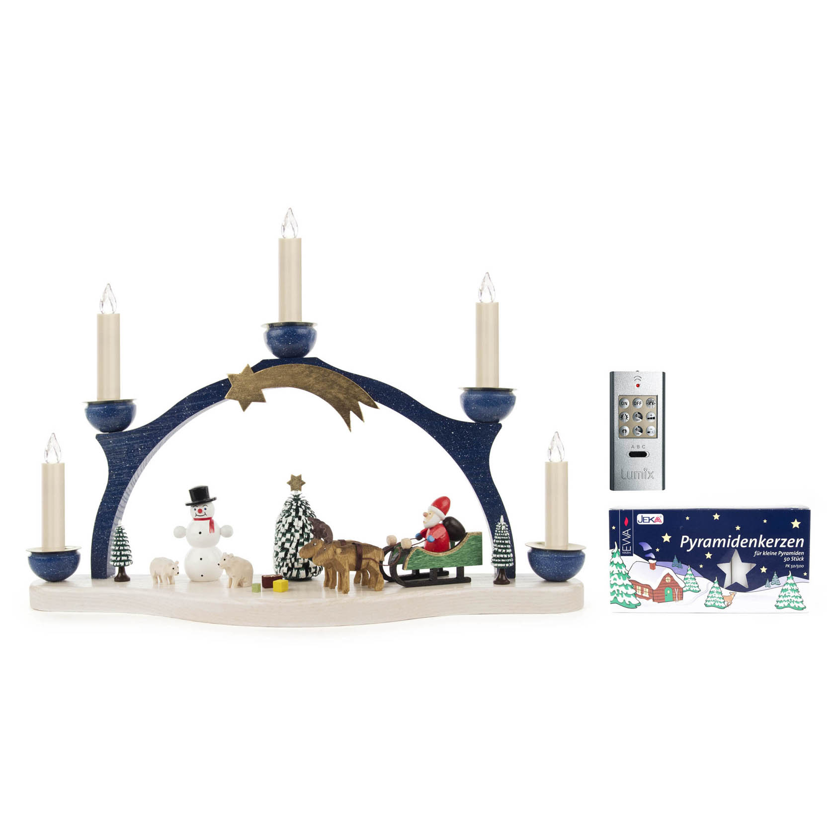 Schwibbogen mit Weihnachtsmann und Elchgespann, Lumix Basis-Set mit 5 Kerzen, Fernbedienung und Pyramidenkerzen. im Dregeno Online Shop günstig kaufen