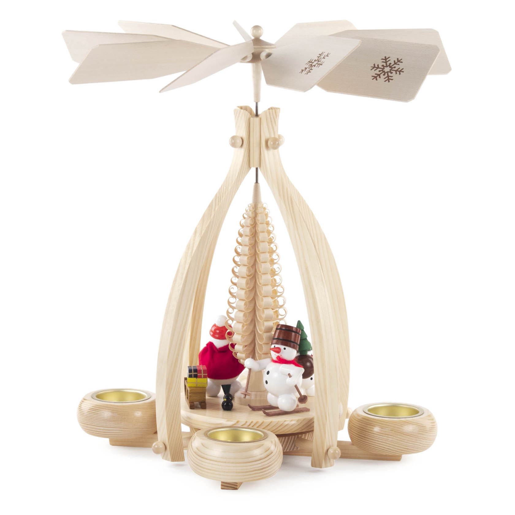 Holzpyramide mit rot gekleidetem Weihnachtsmann und Schneemann. Vier Teelichthalter, Kerzenmäßiger Aufbau zum Drehen. im Dregeno Online Shop günstig kaufen