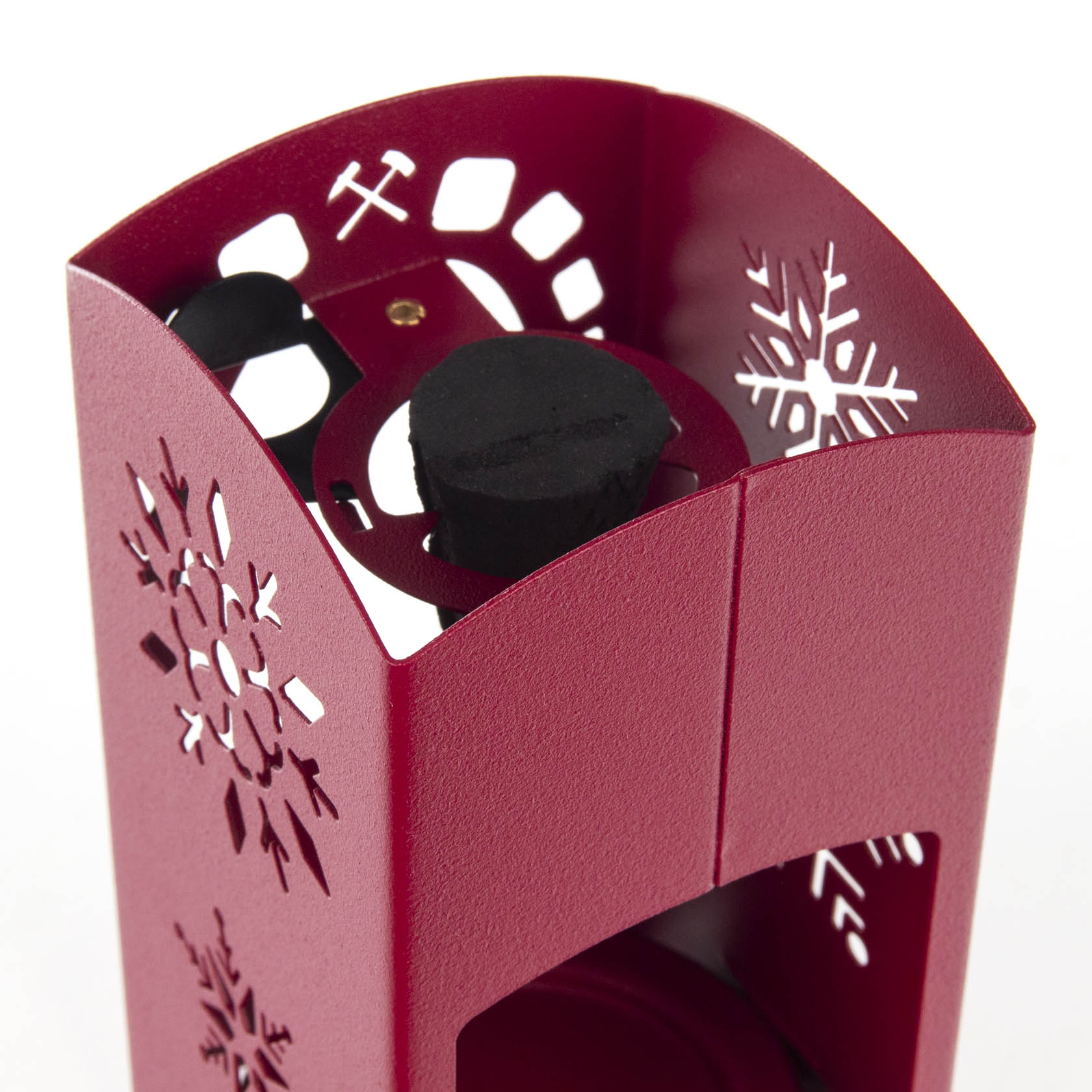 A purple-red incense lantern with snowflake cutouts, designed to fit all incense cone sizes, featuring an ashtray and tealight holder.