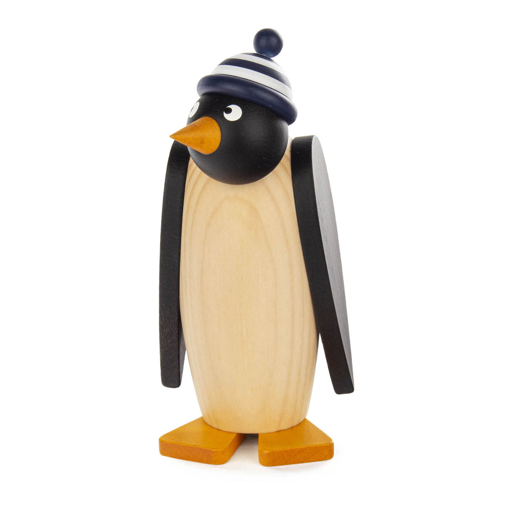 Wooden penguin figurine standing with a blue and white striped hat.