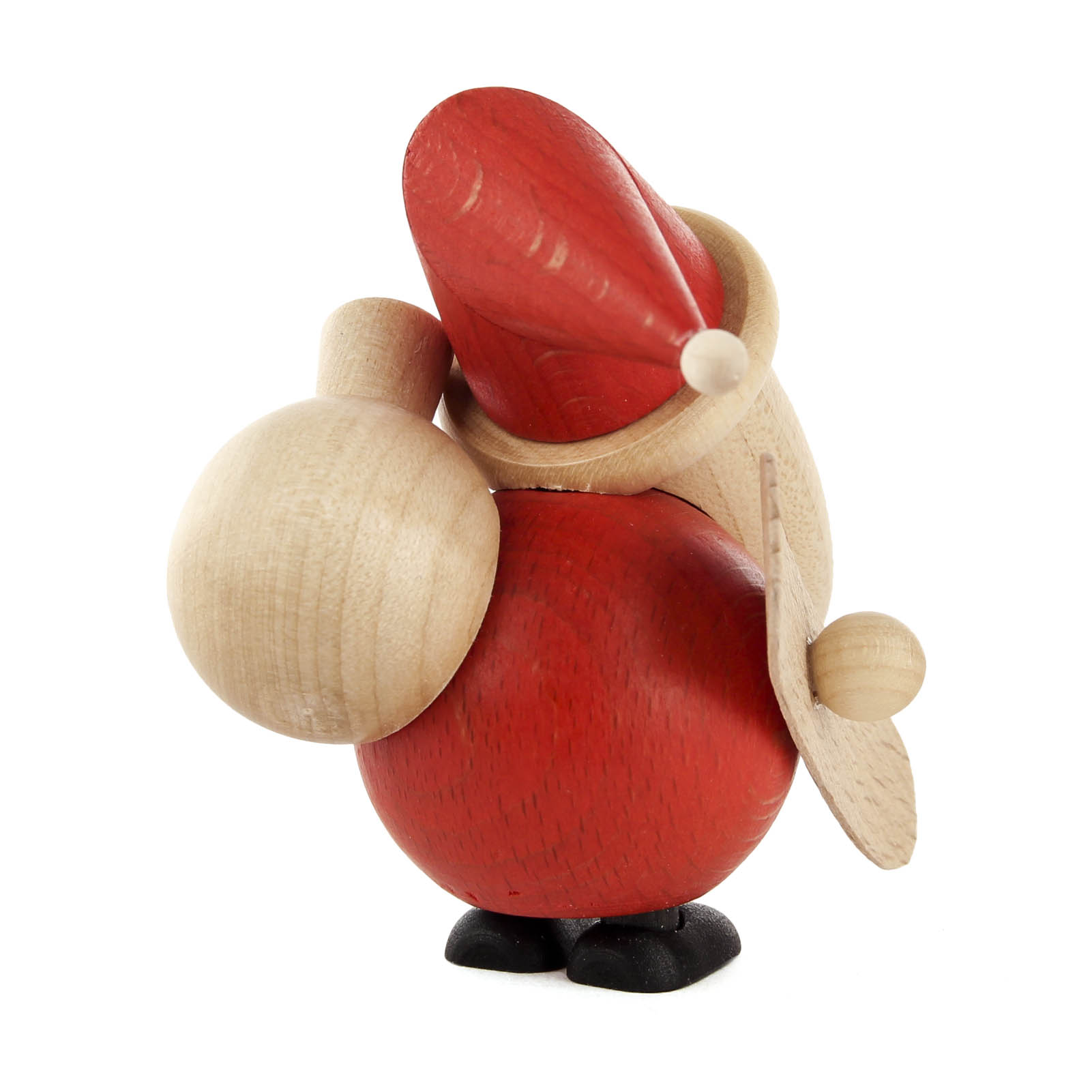 Holzfigur des Weihnachtsmanns, der in einem roten Anzug und mit einem Sack auf dem Rücken ein Snowboard trägt.