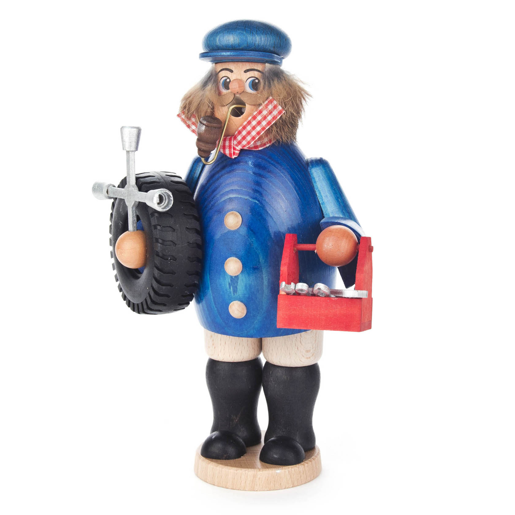 Holzfigur eines Räuchermanns im Kfz-Schlosser-Design. Er trägt einen blauen Mantel und eine Mütze, hält ein Autoreifen und einen Werkzeugkasten in den Händen.