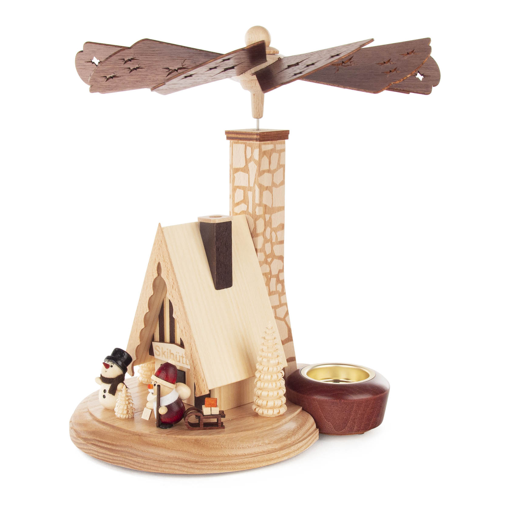 Räucherpyramide aus Holz mit einer Skihütte, einem Weihnachtsmann und einem Schneemann. Oben dreht sich ein Flügelrad; daneben ein Platz für ein Teelicht.