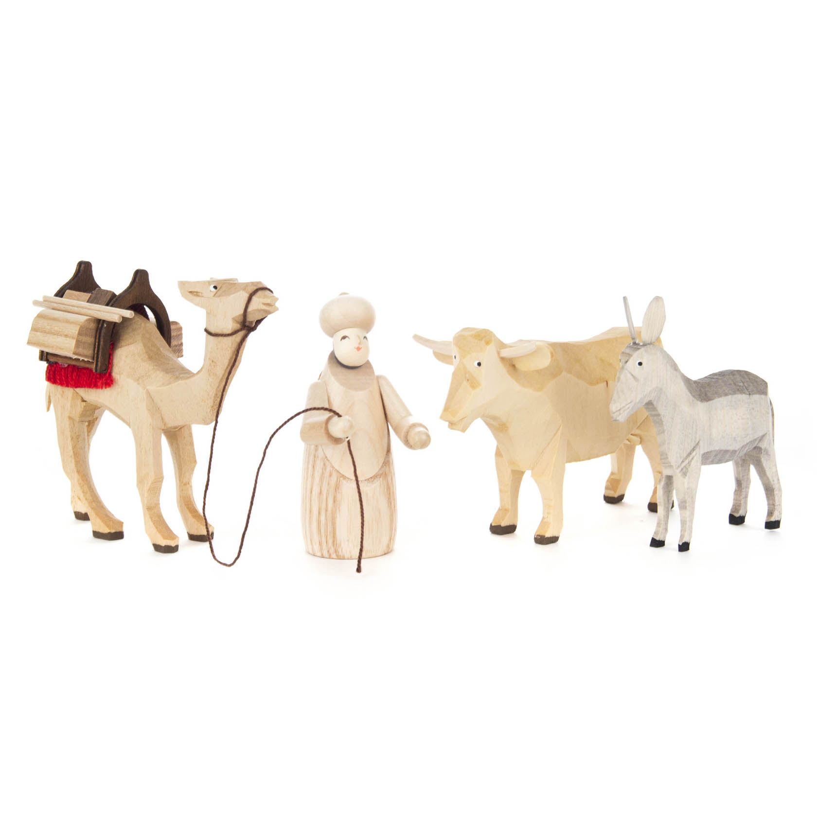 Holzfiguren einer Person mit traditioneller Kleidung, einem Kamel mit Gepäck, einem Ochsen und einem Esel. im Dregeno Online Shop günstig kaufen