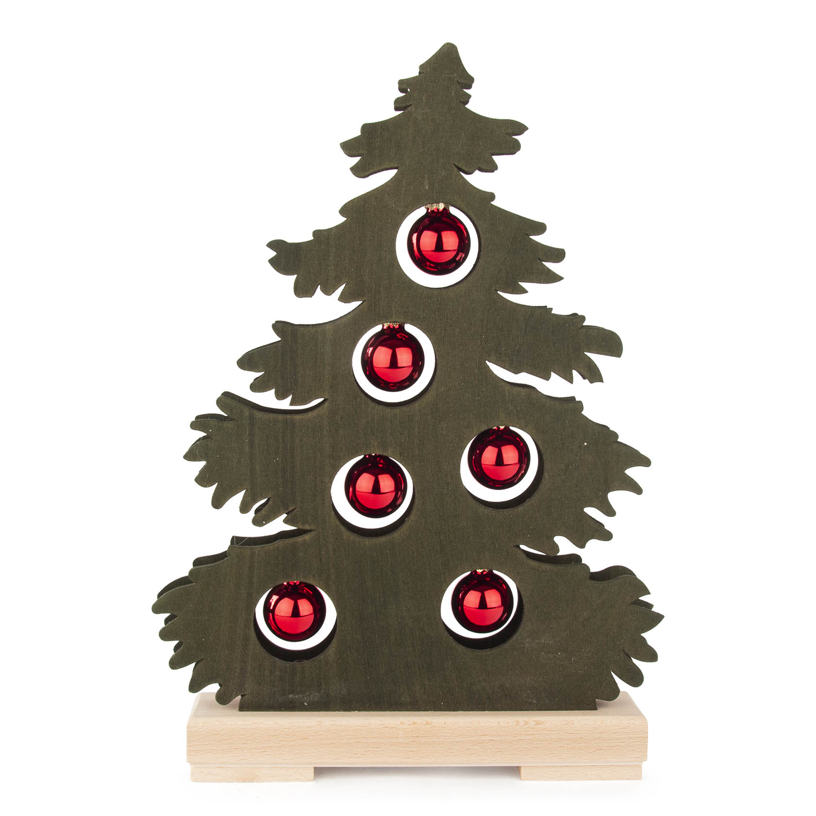 Kleine grün gebeizte Holz-Weihnachtstanne mit roten Kugeln und integrierter 10er LED-Lichterkette auf einem Holzsockel. im Dregeno Online Shop günstig kaufen