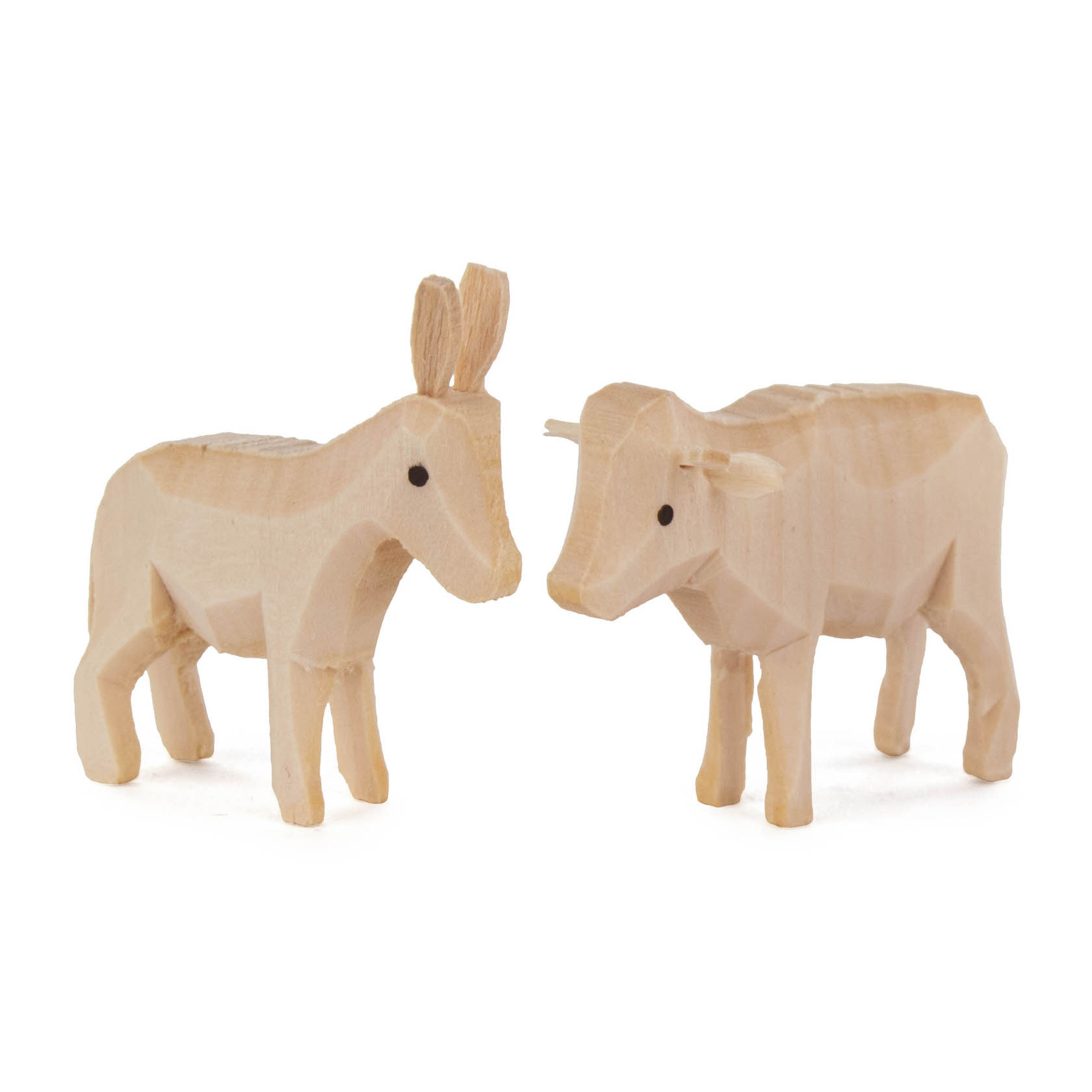 Zwei aus Holz geschnitzte Tiere, ein Esel mit langen Ohren und ein Ochs mit Hörnern, stehen nebeneinander. im Dregeno Online Shop günstig kaufen