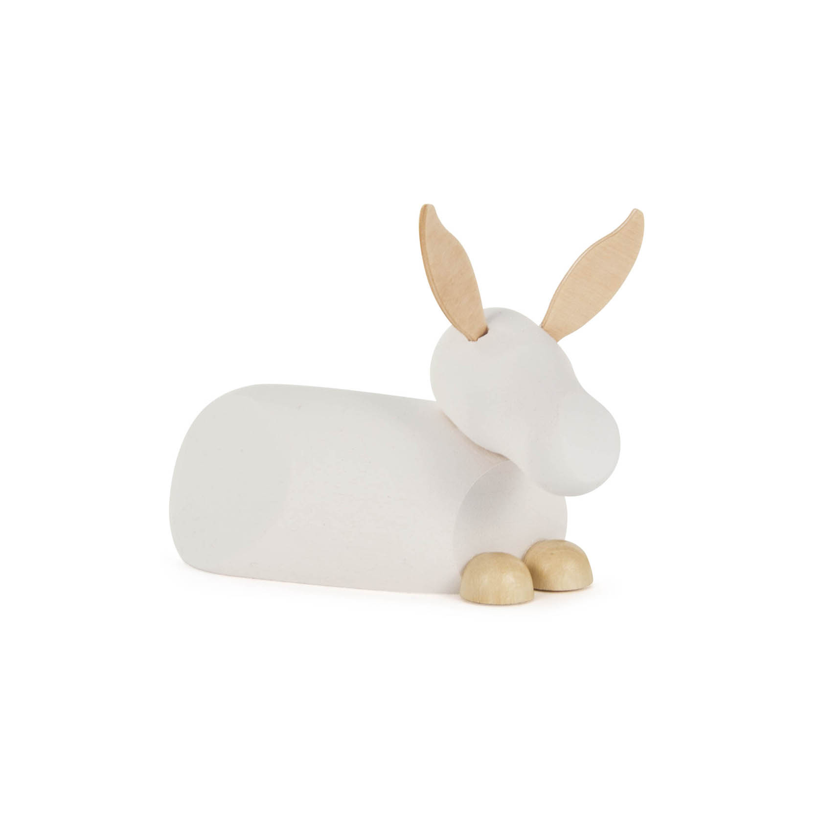 Ein minimalistischer, moderner Esel aus Holz in Weiß- und Naturtönen mit großen Ohren, der auf dem Boden liegend dargestellt ist. im Dregeno Online Shop günstig kaufen