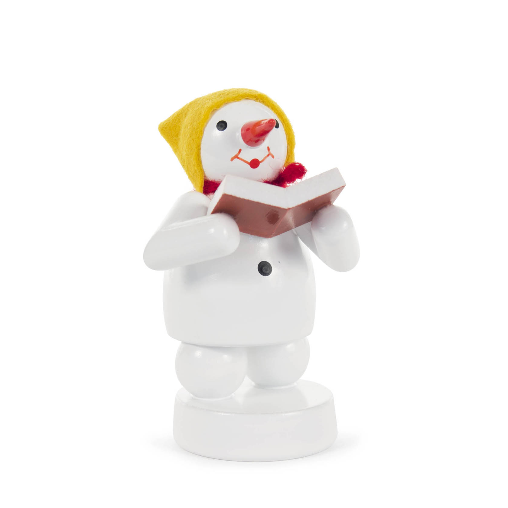 Dekorativer Schneemann mit gelber Mütze und rotem Schal, hält ein aufgeschlagenes Buch und sieht aus, als ob er singt. im Dregeno Online Shop günstig kaufen