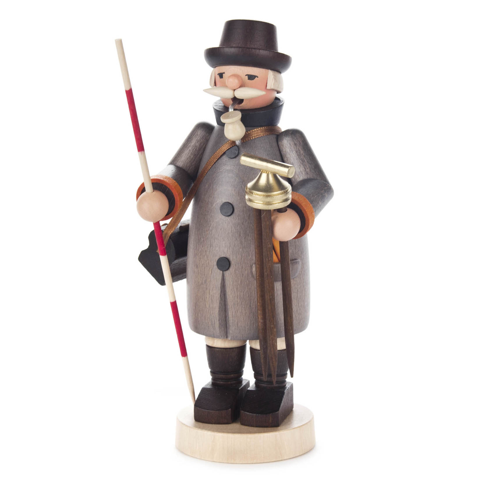Holzfigur eines Vermessers mit grauem Mantel, schwarzem Hut und Messstab. Er trägt eine Vermessungsbrille und ein Messinstrument in der Hand. im Dregeno Online Shop günstig kaufen