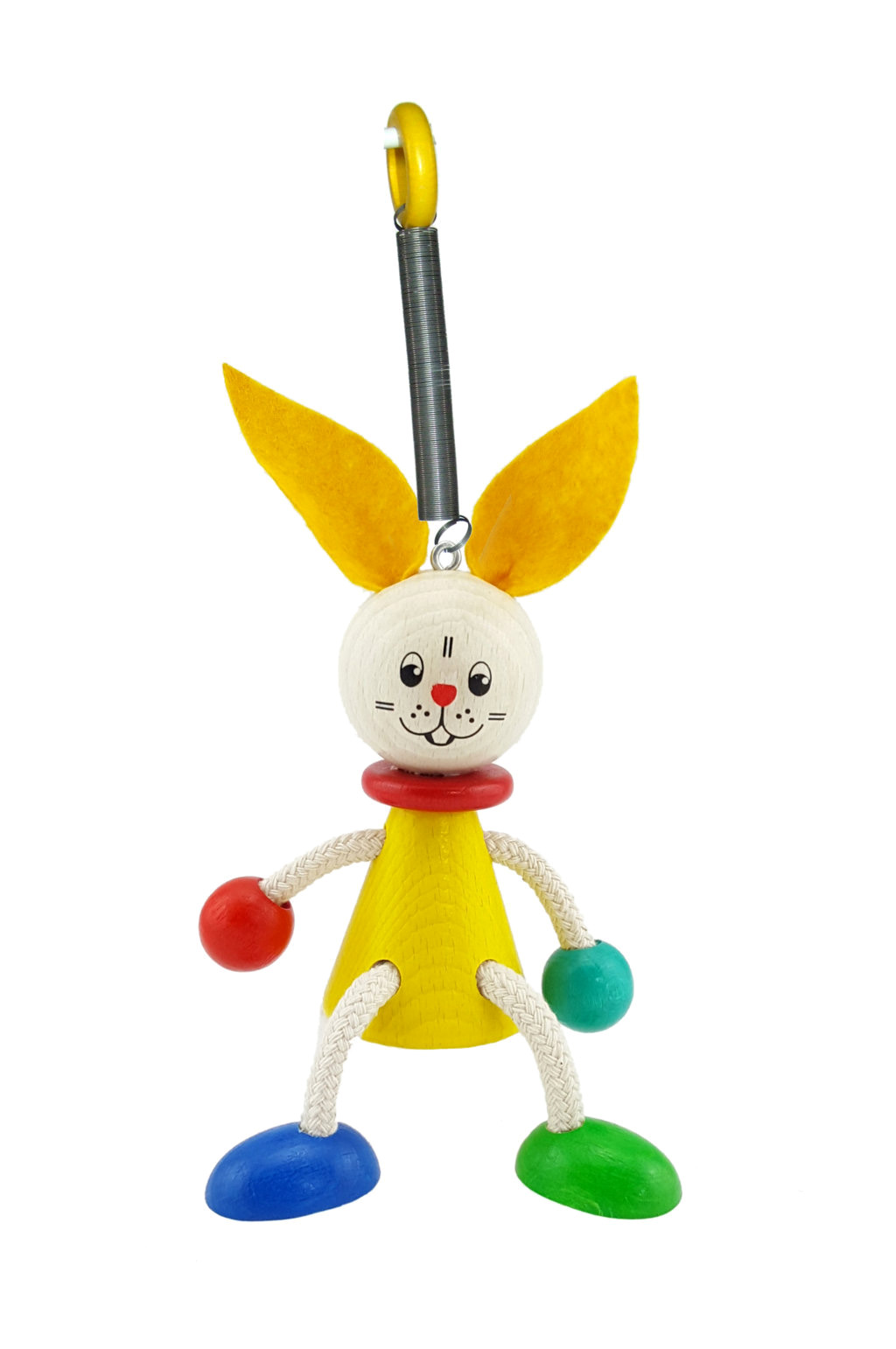 Bunter Holzanhänger in Form eines Hasen mit großen Ohren, lachendem Gesicht und bunten Elementen an Armen und Füßen. im Dregeno Online Shop günstig kaufen