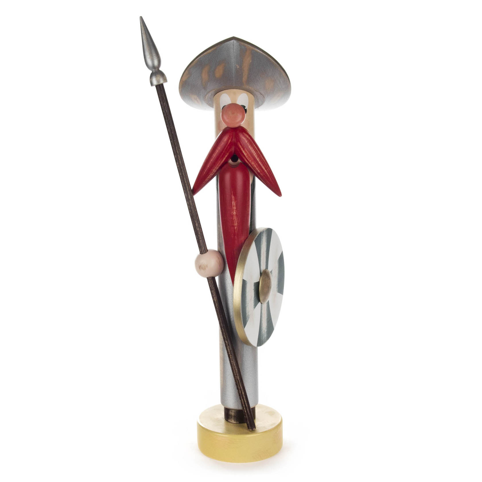 Ein Räuchermann in Form eines Ritters aus der Serie Shabby Chic mit einem speerähnlichen Stab, einem runden Schild und einem spitzen Helm.
