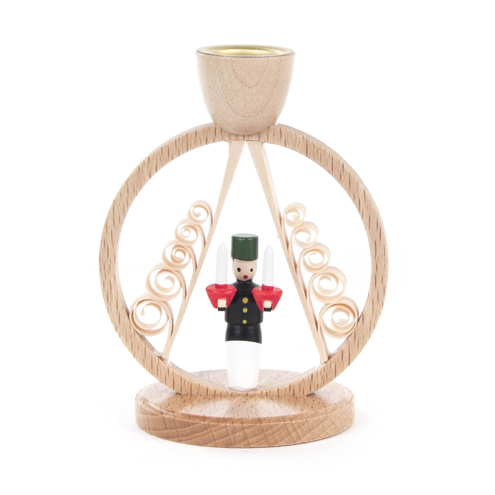 Ein Kerzenhalter aus Holz in Form eines Bergmanns, der in einem dekorativen Ring steht. Der Bergmann trägt traditionelle Kleidung mit grünem Helm. im Dregeno Online Shop günstig kaufen