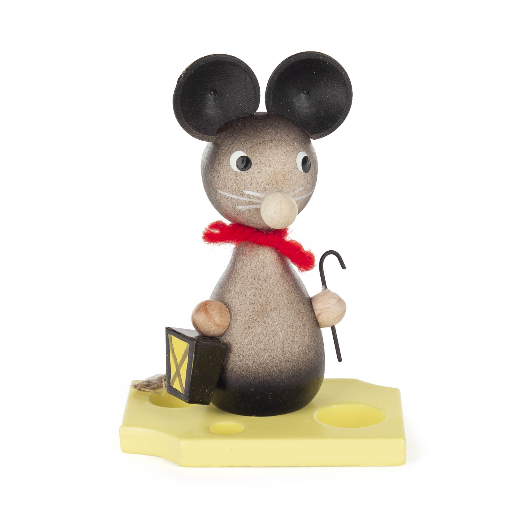 Eine Holzfigur einer Maus mit schwarzen Ohren und einem roten Schal. Die Maus hält eine gelbe Laterne in einer Hand und einen grünen Spazierstock in der anderen. im Dregeno Online Shop günstig kaufen