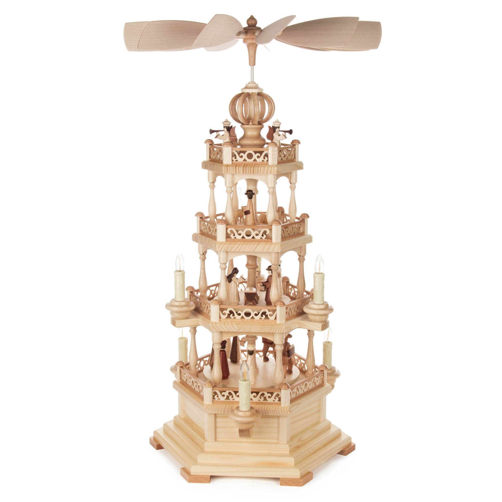 Dreistöckige Weihnachtspyramide aus Holz mit elektrischer Beleuchtung und Antrieb, zeigt Szenen der Geburt Christi, inklusive Figuren von Maria, Josef und den Heiligen Drei Königen. im Dregeno Online Shop günstig kaufen