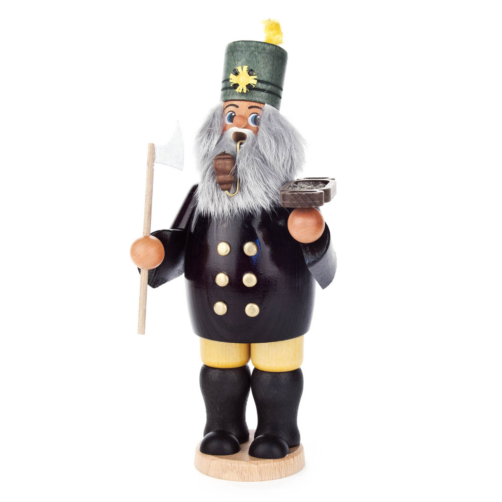 Ein traditioneller Räuchermann in Form eines Bergmanns mit weißem Bart, schwarzer Uniform und grüner Mütze. Er hält eine Steigerhacke und eine Schale. im Dregeno Online Shop günstig kaufen